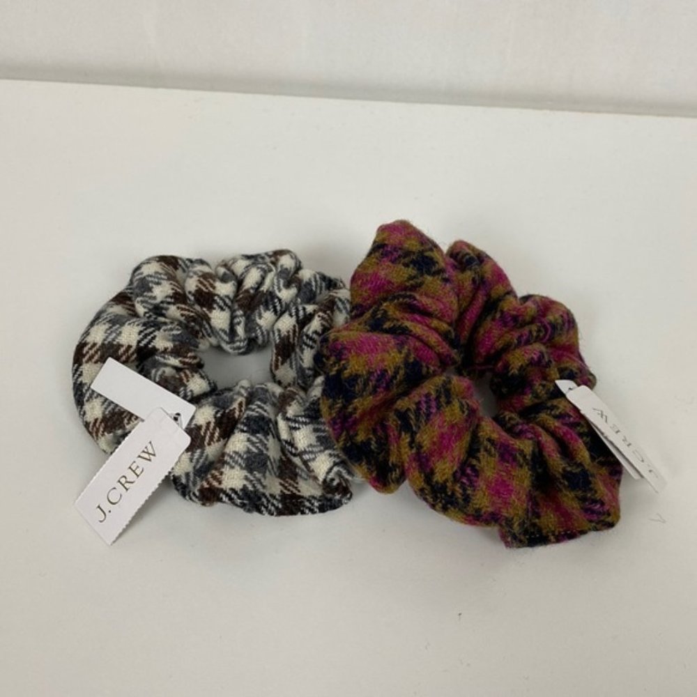 NWT J.Crew 2 Wool Scrunchies Hair Ties Elastics Plaid